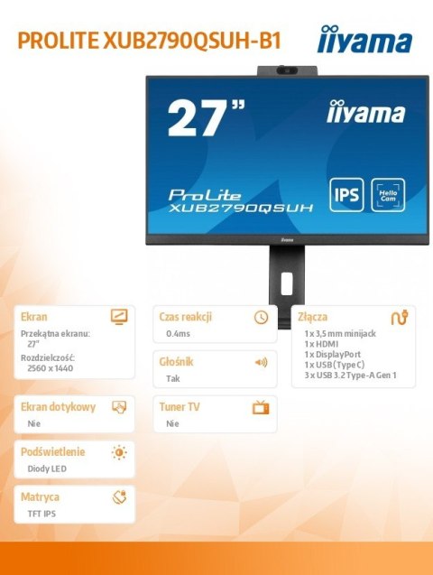 Monitor 27 cali XUB2790QSUH-B1 IPS,QHD,CAM,MIC,HDMI,DP,3xUSB(3.2), 100Hz,ADAPTIVE SYNC,FlickerFree,2x2W,WINDOWS HELLO IIYAMA