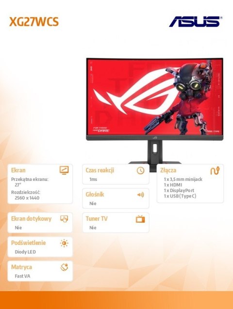 Monitor 27 cali XG27WCS DP+HDMI+TYPE C Asus Monitor 27 cali XG27WCS DP+HDMI+TYPE C Asus
