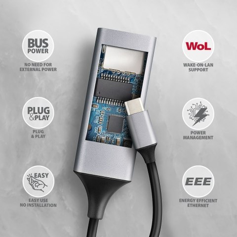ADE-TXPD Karta sieciowa Gigabit Ethernet adapter, USB-C 3.2 Gen 1, instalacja automatyczna, Asix AX8817, PD 100W AXAGON