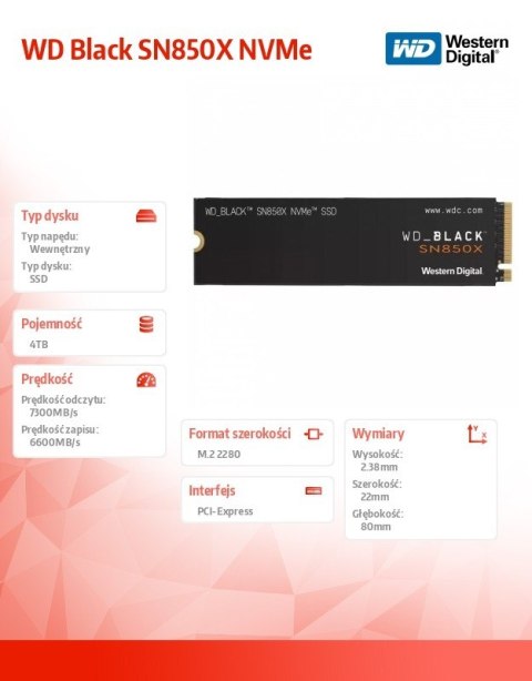 Dysk SSD WD Black 4TB SN850X NVMe M.2 PCIe Gen4 2280 Western Digital