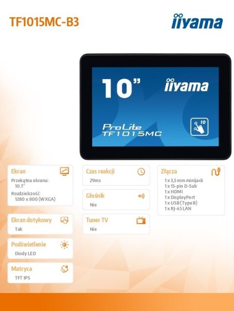 Monitor 10 cali TF1015MC-B3 POJ.10PKT, PIANKA, HDMI, DP IIYAMA