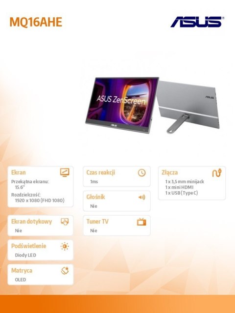 Monitor 16 cali MQ16AHE OLED USB-C Asus Monitor 16 cali MQ16AHE OLED USB-C Asus