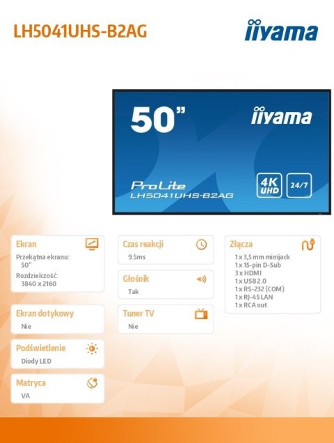 Monitor 50 cali LH5041UHS-B2 VA,4K,24/7,LAN,USB,HDMI IIYAMA