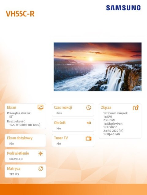 Monitor profesjonalny VH55C-R 55 cali Video Wall Matowy 24h/7 700(cd/m2) 1920x1080 (FHD) Ramka: 0.44mm(even) 3 lata On-Site (LH5 Samsung Monitor profesjonalny VH55C-R 55 cali Video Wall Matowy 24h/7 700(cd/m2) 1920x1080 (FHD) Ramka: 0.44mm(even) 3 lata On-Site (LH5 Samsung