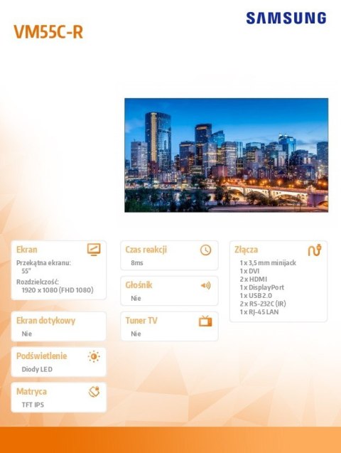 Monitor profesjonalny VM55C-R 55 cali Video Wall Matowy 24h/7 500(cd/m2) 1920x1080 (FHD) Ramka: 0.44mm(even) 3 lata On-Site (LH5 Samsung Monitor profesjonalny VM55C-R 55 cali Video Wall Matowy 24h/7 500(cd/m2) 1920x1080 (FHD) Ramka: 0.44mm(even) 3 lata On-Site (LH5 Samsung