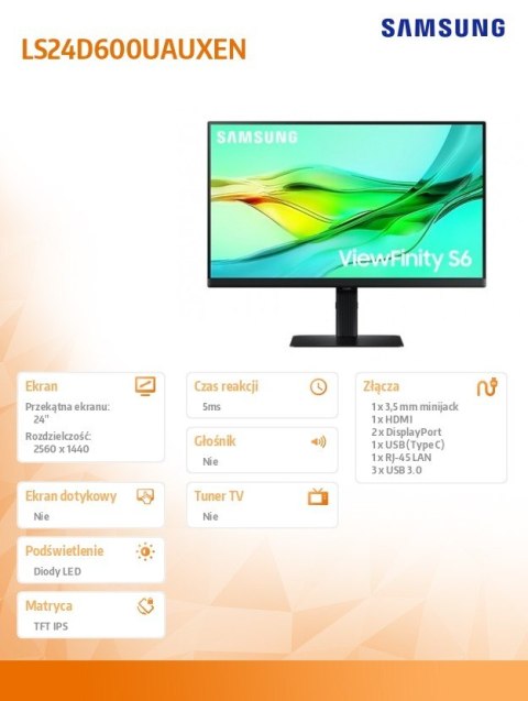Monitor 24 cale ViewFinity S60UD IPS 2560x1440 WQHD 16:9 1xHDMI 2xDP(In+Out) 1xUSB-C 90W 3xUSB 3.0 LAN KVM 5ms PinP/PbyP 100Hz H Samsung