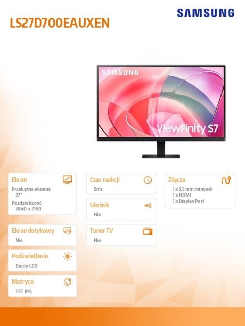 Monitor 27 cali ViewFinity S70D IPS 3840x2160 UHD 16:9 1xHDMI 1xDP 5ms PinP/PbyP 60Hz płaski 2Yd2d Samsung