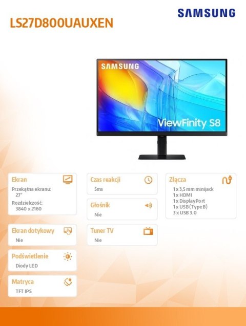 Monitor 27 cali ViewFinity S80UD IPS 3840x2160 UHD 16:9 1xHDMI 1xDP 1xUSB-C 90W 3xUSB 3.0 LAN KVM 5ms PinP/PbyP 60Hz HAS+PIV pła Samsung Monitor 27 cali ViewFinity S80UD IPS 3840x2160 UHD 16:9 1xHDMI 1xDP 1xUSB-C 90W 3xUSB 3.0 LAN KVM 5ms PinP/PbyP 60Hz HAS+PIV pła Samsung