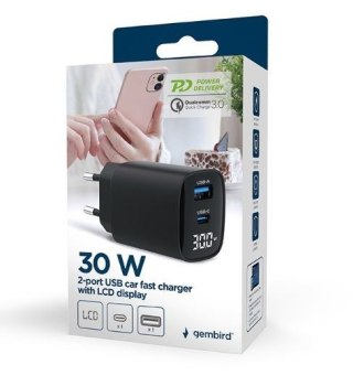 Ładowarka GaN 1xUSB-A 1xUSB-C LCD 30W PD QC3.0 czarna Gembird