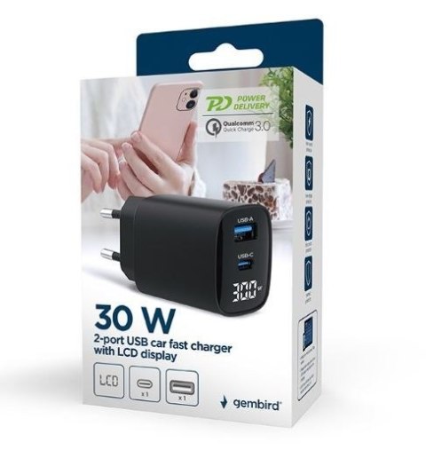 Ładowarka GaN 1xUSB-A 1xUSB-C LCD 30W PD QC3.0 czarna Gembird