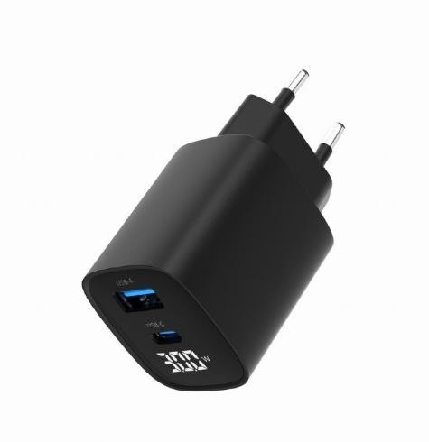 Ładowarka GaN 1xUSB-A 1xUSB-C LCD 30W PD QC3.0 czarna Gembird