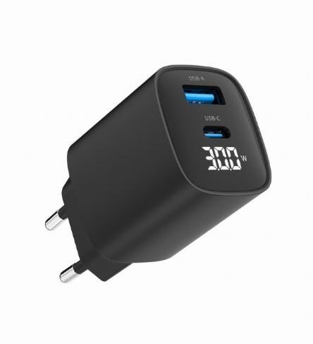 Ładowarka GaN 1xUSB-A 1xUSB-C LCD 30W PD QC3.0 czarna Gembird
