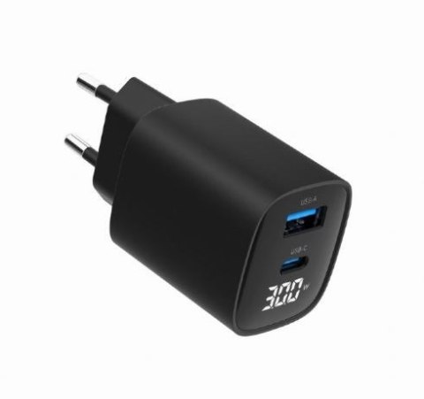 Ładowarka GaN 1xUSB-A 1xUSB-C LCD 30W PD QC3.0 czarna Gembird