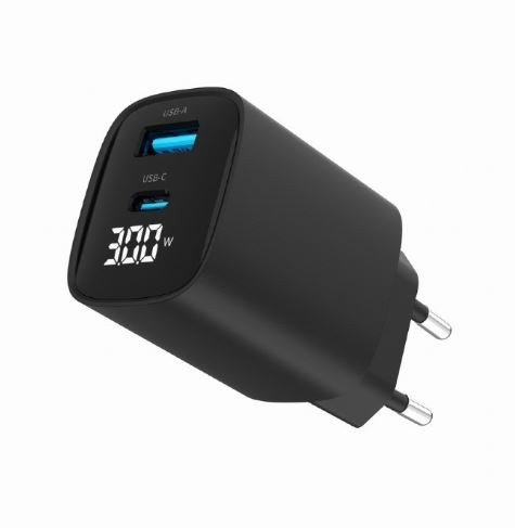 Ładowarka GaN 1xUSB-A 1xUSB-C LCD 30W PD QC3.0 czarna Gembird