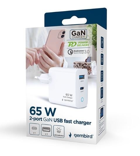 Ładowarka USB-A/C GaN LED 65W PD QC3.0 biała Gembird