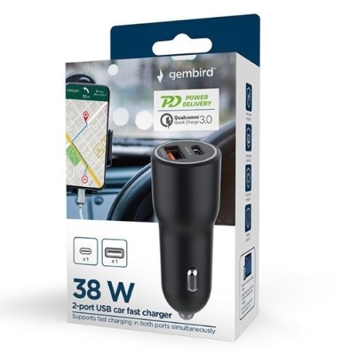 Ładowarka samochodowa USB-A/USB-C 38W PD czarna Gembird