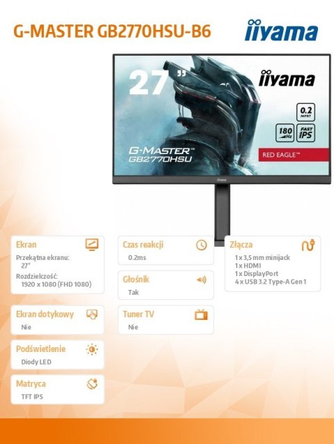 Monitor 27 cali GB2770HSU-B6 0.2ms,IPS,DP,HDMI,180Hz IIYAMA