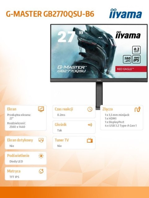 Monitor 27 cali GB2770QSU-B6 0.2ms,IPS,DP,HDMI,180Hz IIYAMA