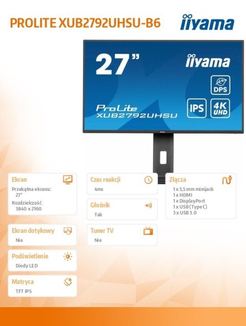 Monitor 27 cali XUB2792UHSU-B6,4K,IPS,DP,HDMI,USB-C IIYAMA
