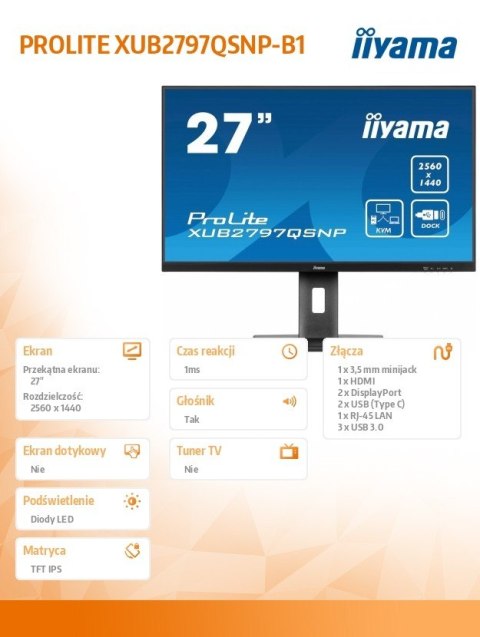 Monitor 27 cali XUB2797QSNP-B1,IPS,QHD,USB-c Dock,KVM,HDMI /5y/ IIYAMA