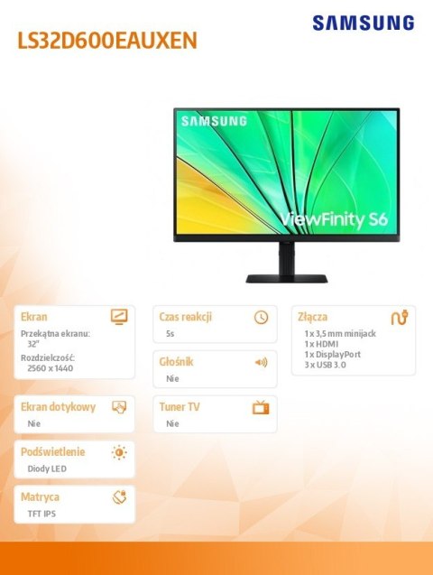 Monitor 32 cale ViewFinity S60D IPS 2560x1440 WQHD 16:9 1xHDMI 1xDP 3xUSB 3.0 5ms PinP/PbyP 100Hz HAS+PIV płaski 3YOn-Site Samsung Monitor 32 cale ViewFinity S60D IPS 2560x1440 WQHD 16:9 1xHDMI 1xDP 3xUSB 3.0 5ms PinP/PbyP 100Hz HAS+PIV płaski 3YOn-Site Samsung