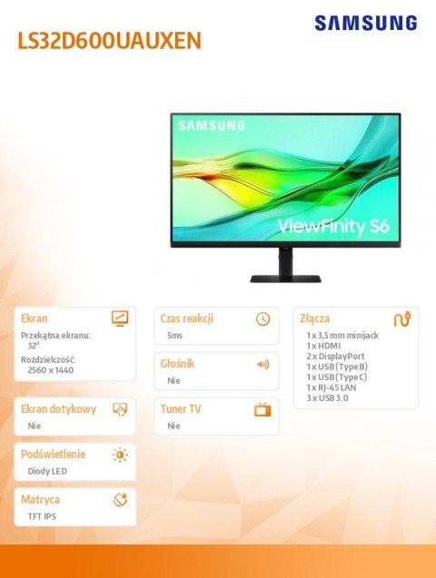 Monitor 32 cale ViewFinity S60UD IPS 2560x1440 WQHD 16:9 1xHDMI 2xDP(In+Out) 1xUSB-C 90W 3xUSB 3.0 LAN KVM 5ms PinP/PbyP 100Hz H Samsung