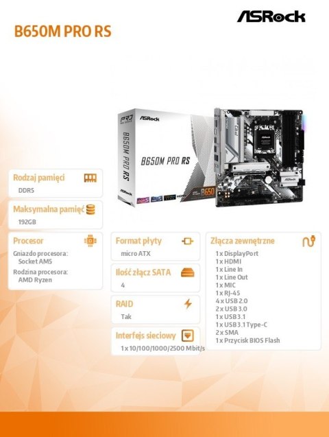 Płyta główna B650M PRO RS AM5 4DDR5 HDMI/DP mATX ASRock Płyta główna B650M PRO RS AM5 4DDR5 HDMI/DP mATX ASRock