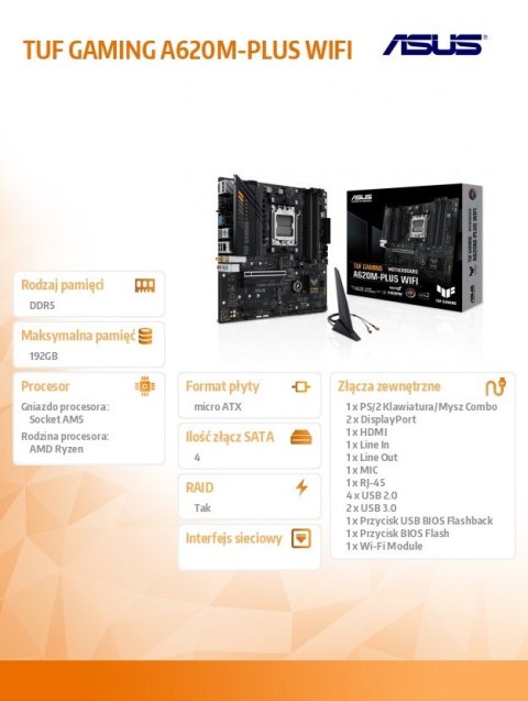 Płyta główna TUF GAMING A620M-PLUS WIFI AM5 4DDR5 HDMI/DP mATX Asus Płyta główna TUF GAMING A620M-PLUS WIFI AM5 4DDR5 HDMI/DP mATX Asus