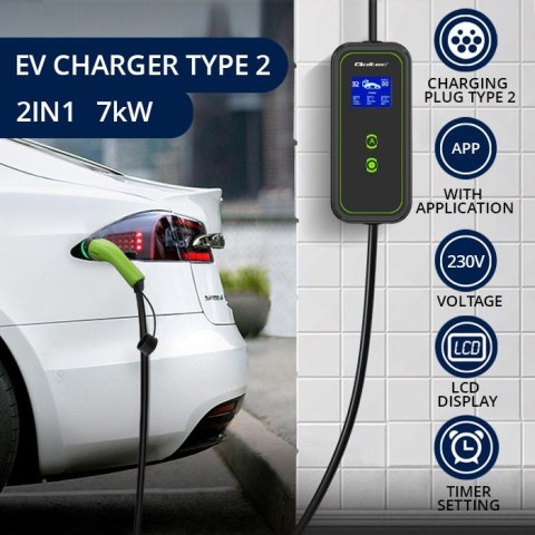 Mobilna ładowarka do samochodu elektrycznego EV z regulacją 2w1 Typ2 | 7kW | 230V | CEE 3 PIN | WiFi | LCD | Przenosna | Wallbo Qoltec Mobilna ładowarka do samochodu elektrycznego EV z regulacją 2w1 Typ2 | 7kW | 230V | CEE 3 PIN | WiFi | LCD | Przenosna | Wallbo Qoltec