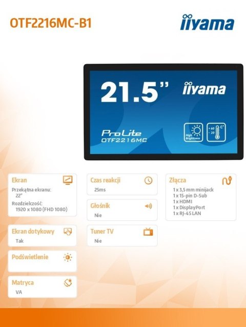 Monitor 22 cale OTF2216MC-B1, VA,poj.10pkt.1100cd,IP65,outdoor, VGA, HDMI,DP,RJ45 IIYAMA