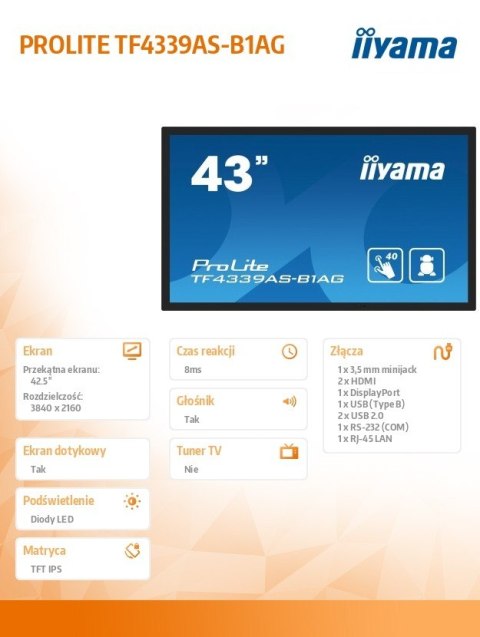 Monitor 43 cale TF4339AS-B1AG,IPS,4K,HDMIx2,DP,RJ45,3xUSB,40pkt, ANDROID,24/7 IIYAMA