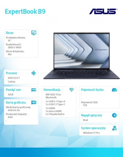 Notebook ExpertBook B9 B9403CVAR-KM0682X - 7 150U/32GB/1TB/14 cali WQXGA+ OLED/Win 11 PRO/3YRS Asus Notebook ExpertBook B9 B9403CVAR-KM0682X - 7 150U/32GB/1TB/14 cali WQXGA+ OLED/Win 11 PRO/3YRS Asus