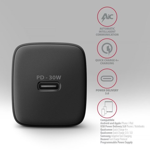 ACU-PD30 Ładowarka sieciowa PD 30W, 1x port USB-C, PD3.0/QC3.0/AFC/FCP/Apple Czarna AXAGON
