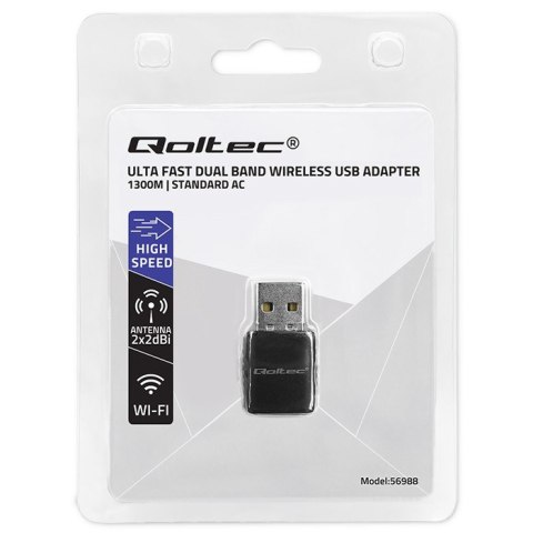 Adapter bezprzewodowy Ultra szybki DUAL mini WiFi 2 x 2dBi Standard AC | 1300Mbps Qoltec Adapter bezprzewodowy Ultra szybki DUAL mini WiFi 2 x 2dBi Standard AC | 1300Mbps Qoltec