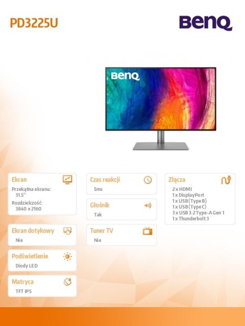 Monitor 31.5 cala PD3225U LED 5ms/2K/2000:1/HDMI/Czarny Benq Monitor 31.5 cala PD3225U LED 5ms/2K/2000:1/HDMI/Czarny Benq