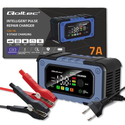 Prostownik do akumulatora z funkcją naprawy | Inteligentna mikroprocesorowa ładowarka | 12V | 7A | LED | 4 tryby Qoltec