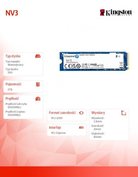 Dysk SSD NV3 2TB M.2 2280 PCI-e 4.0 NVMe 6000/5000 Kingston