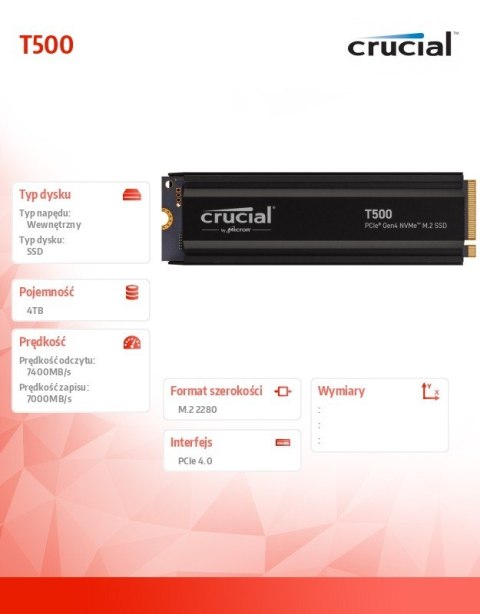 Dysk SSD T500 4TB M.2 NVMe 2280 PCIe 4.0 7400/7000 Radiator Crucial Dysk SSD T500 4TB M.2 NVMe 2280 PCIe 4.0 7400/7000 Radiator Crucial