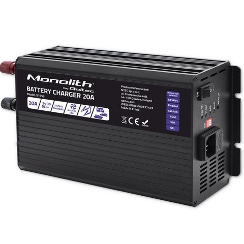 Inteligentna ładowarka Monolith do akumulatorów LiFePO4 AGM GEL SLA | 20A | 24V Qoltec Inteligentna ładowarka Monolith do akumulatorów LiFePO4 AGM GEL SLA | 20A | 24V Qoltec