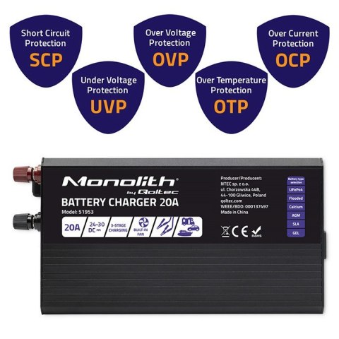 Inteligentna ładowarka Monolith do akumulatorów LiFePO4 AGM GEL SLA | 20A | 24V Qoltec Inteligentna ładowarka Monolith do akumulatorów LiFePO4 AGM GEL SLA | 20A | 24V Qoltec