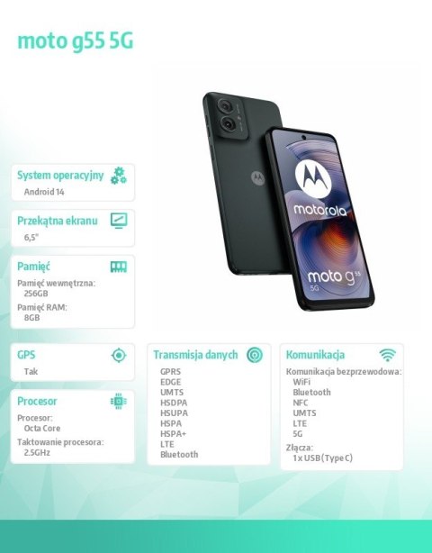 Smartfon moto g55 5G 8/256GB Grey z kompletem akcesoriów w zestawie Motorola Smartfon moto g55 5G 8/256GB Grey z kompletem akcesoriów w zestawie Motorola