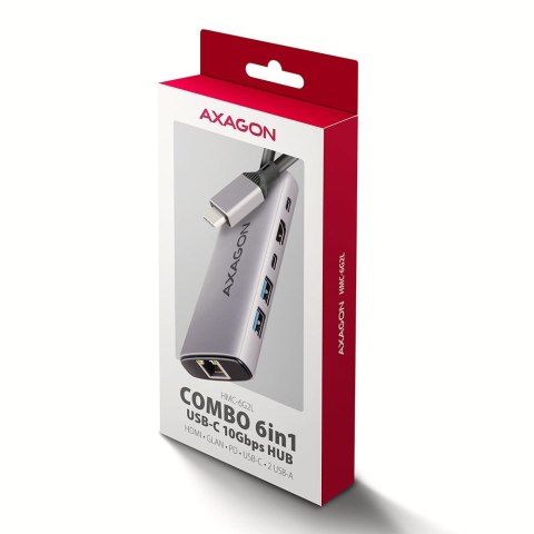 HMC-6G2L Wieloportovy hub USB 6in1, 10Gbps, 2xUSB-A, 1xUSB-C, HDMI 4K/60Hz, PD 100W, GLAN, 15cm USB-C kabel AXAGON