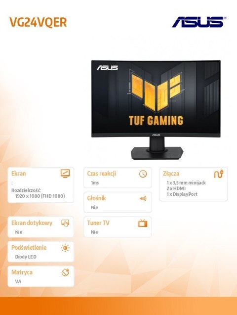 Monitor 24 cale VG24VQER 2xHDMI DisplayPort czarny 1ms Asus Monitor 24 cale VG24VQER 2xHDMI DisplayPort czarny 1ms Asus
