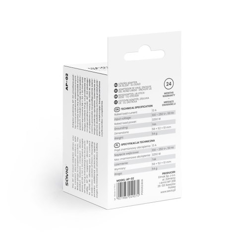 Adapter podróżny, gniazdo UK wtyk EU AP-02 Savio