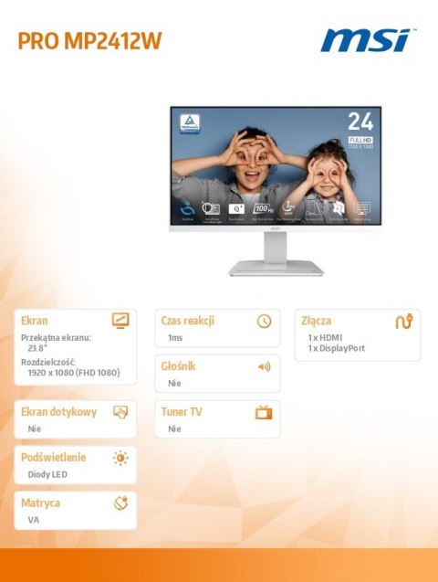 Monitor PRO MP2412W 23.8 cala LED/FHD/Flat/100Hz/Biały MSI