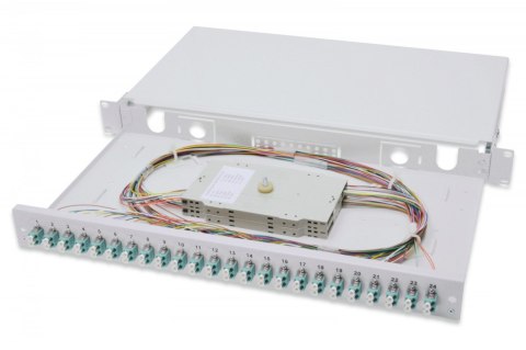 Przełącznica światłowodowa/panel krosowy z wyposażeniem 19 cali 1U, 24x LC duplex, OM3, zawiera pigtaile, adaptery, tacki, wysuw Digitus