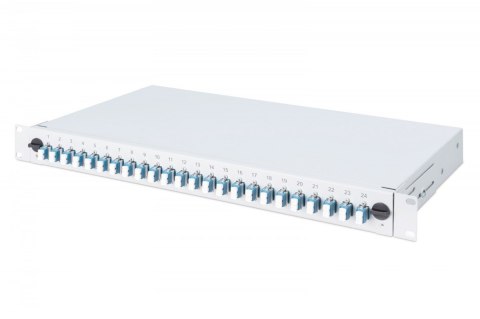 Przełącznica światłowodowa/panel krosowy z wyposażeniem 19 cali 1U, 24x LC duplex, OS2, zawiera pigtaile, adaptery, tacki, wysuw Digitus