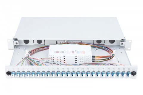 Przełącznica światłowodowa/panel krosowy z wyposażeniem 19 cali 1U, 24x LC duplex, OS2, zawiera pigtaile, adaptery, tacki, wysuw Digitus