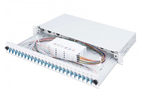 Przełącznica światłowodowa/panel krosowy z wyposażeniem 19 cali 1U, 24x LC duplex, OS2, zawiera pigtaile, adaptery, tacki, wysuw Digitus