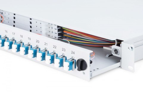 Przełącznica światłowodowa/panel krosowy z wyposażeniem 19 cali 1U, 24x LC duplex, OS2, zawiera pigtaile, adaptery, tacki, wysuw Digitus